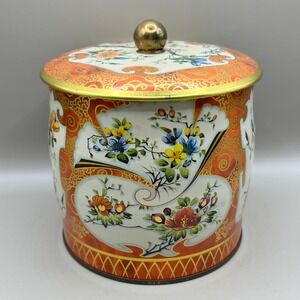 Vtg Daher England Floral Tin Canister Orange Gold Chinoiserie Metal Box 5.5"